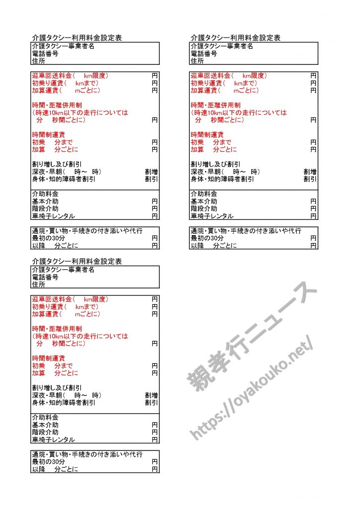 介護タクシーの利用料金を比較するのに最低限知っておくべき内容をまとめた表